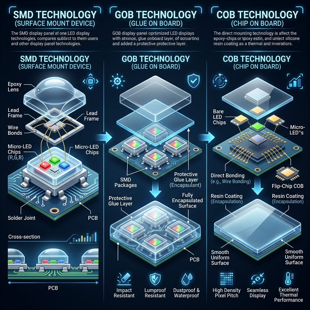 Comparison between SMD, GOB, and COB LED panel technologies